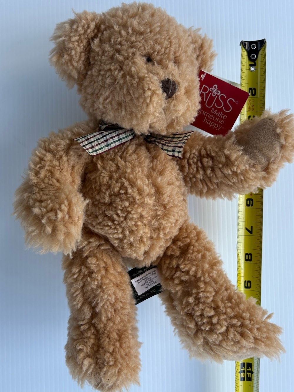 Russ Plush Tan Teddy Bear with Plaid Bow